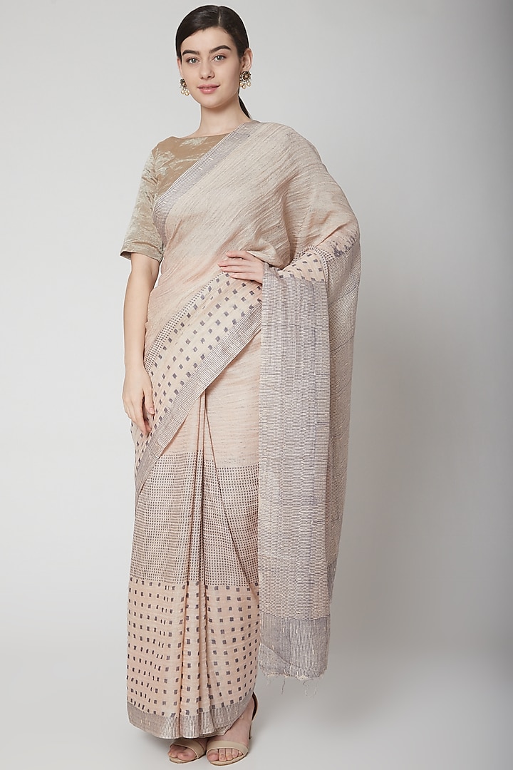 Grey Block Printed Saree Set by Avni Bhuva