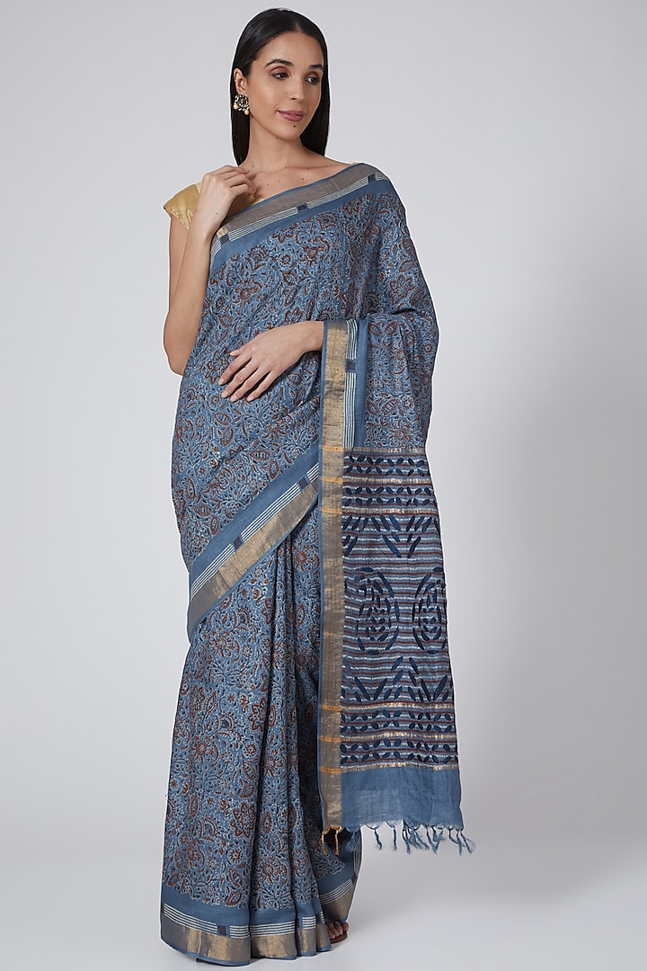 Cobalt Blue & Gold Woven Silk Printed Festive Saree by Avni Bhuva at Pernia's Pop Up Shop