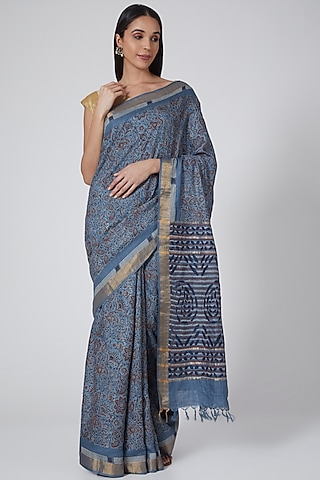 Cobalt Blue & Gold Woven Silk Printed Saree by Avni Bhuva