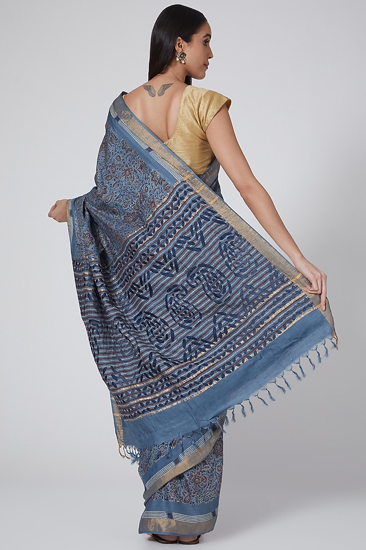 Cobalt Blue & Gold Woven Silk Printed Festive Saree by Avni Bhuva at Pernia's Pop Up Shop