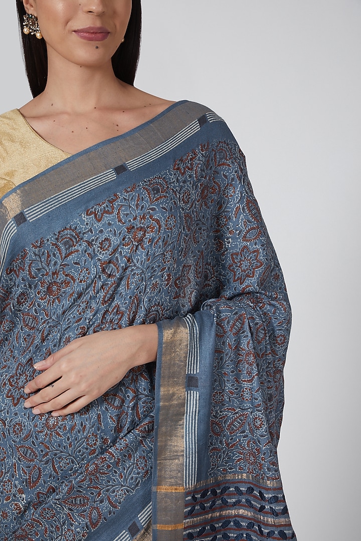 Cobalt Blue & Gold Woven Silk Printed Festive Saree by Avni Bhuva at Pernia's Pop Up Shop