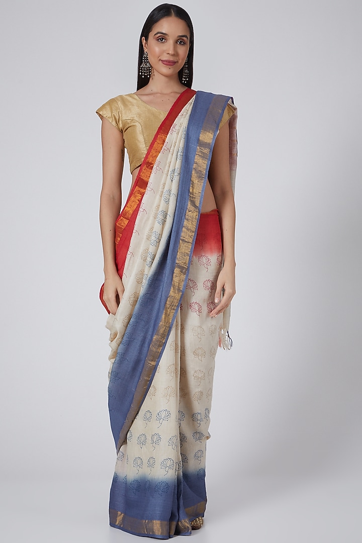 Beige Printed Festive Saree by Avni Bhuva at Pernia's Pop Up Shop