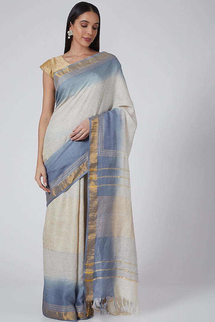 Beige & Gold Woven Silk Saree by Avni Bhuva