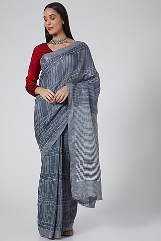 Grey Hand Block Printed Saree by Avni Bhuva