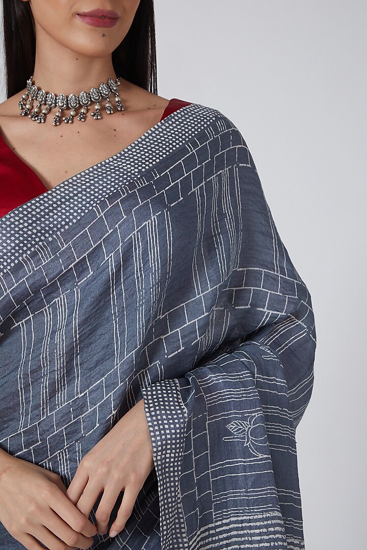 Grey Hand Block Printed Festive Saree by Avni Bhuva at Pernia's Pop Up Shop