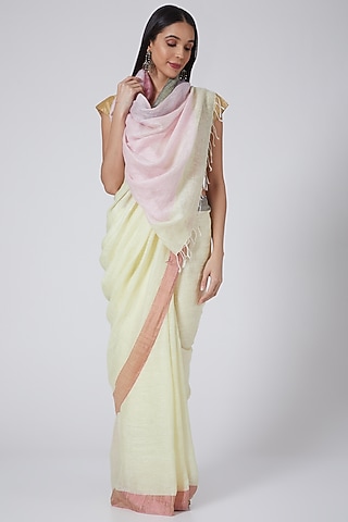 Beige Hand Block Printed Saree by Avni Bhuva