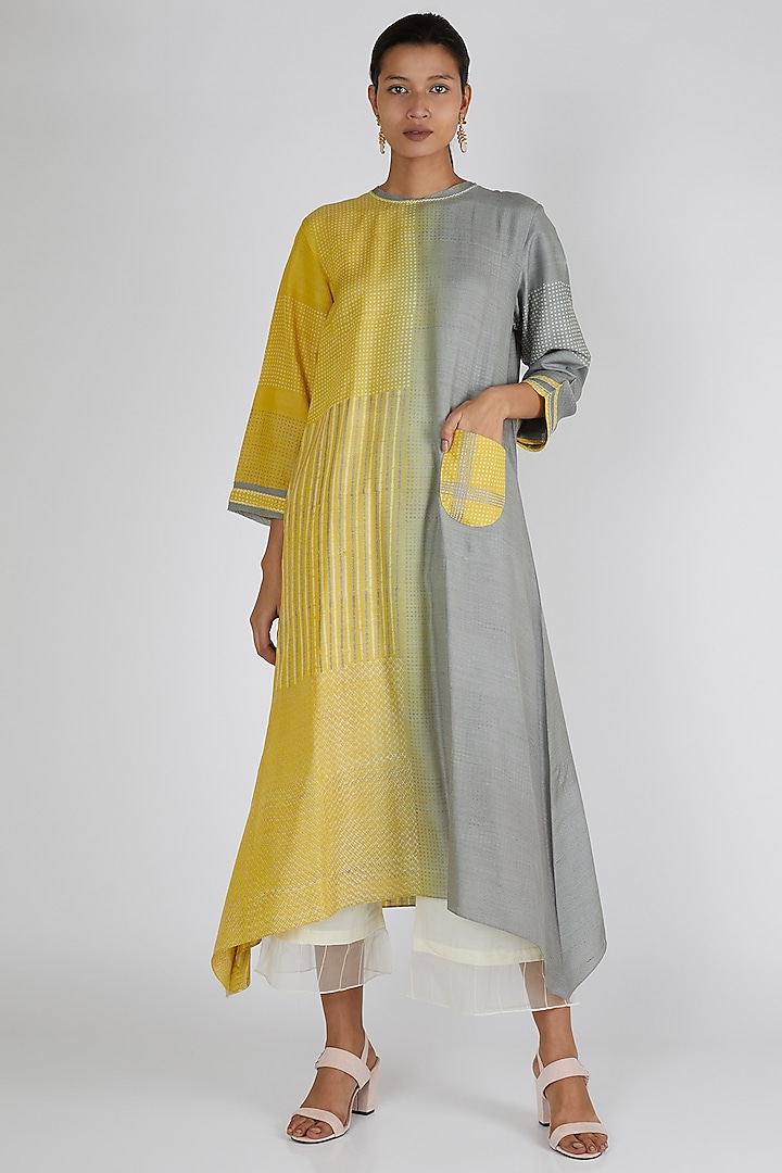 Yellow & Grey Asymmetric Tunic by Avni Bhuva