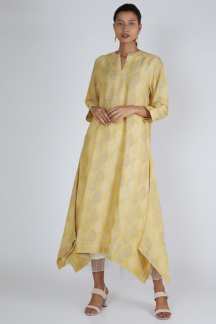 Yellow Asymmetric Printed Tunic by Avni Bhuva