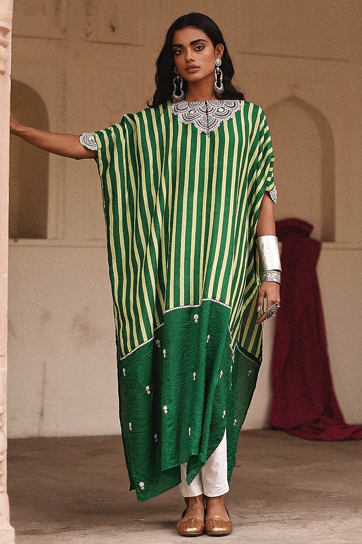 Green Pure Mulberry Silk Marodi Embroidered Kaftan Set by Avacara at Pernia's Pop Up Shop