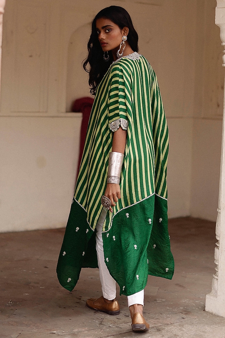 Green Pure Mulberry Silk Marodi Embroidered Kaftan Set by Avacara at Pernia's Pop Up Shop