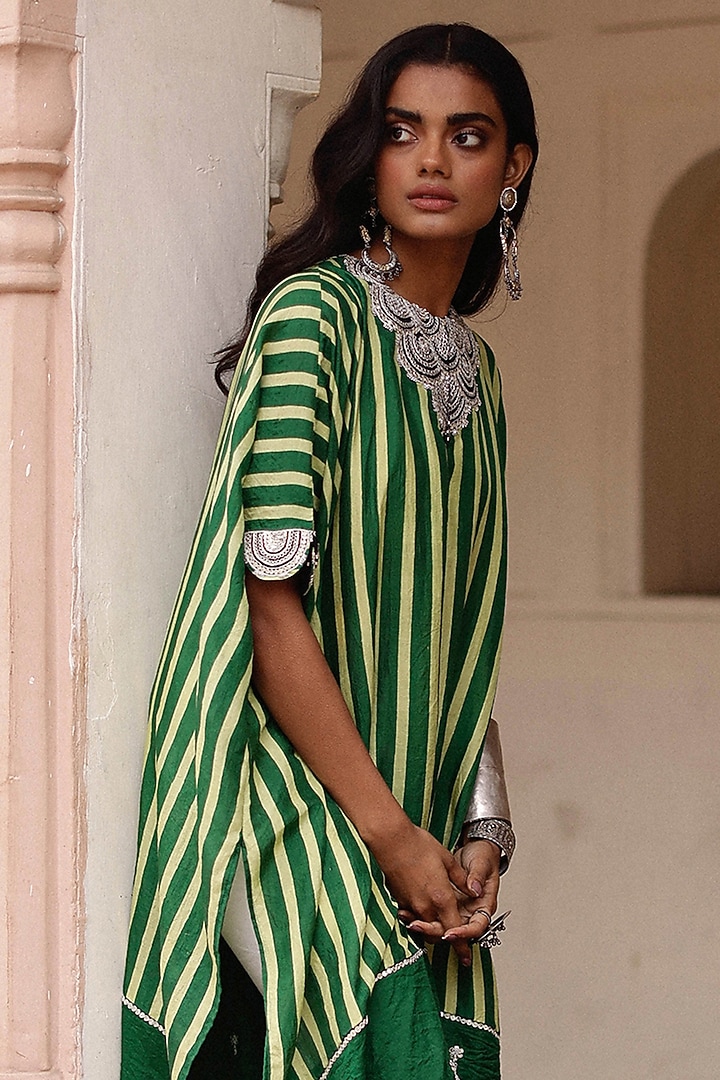 Green Pure Mulberry Silk Marodi Embroidered Kaftan Set by Avacara at Pernia's Pop Up Shop