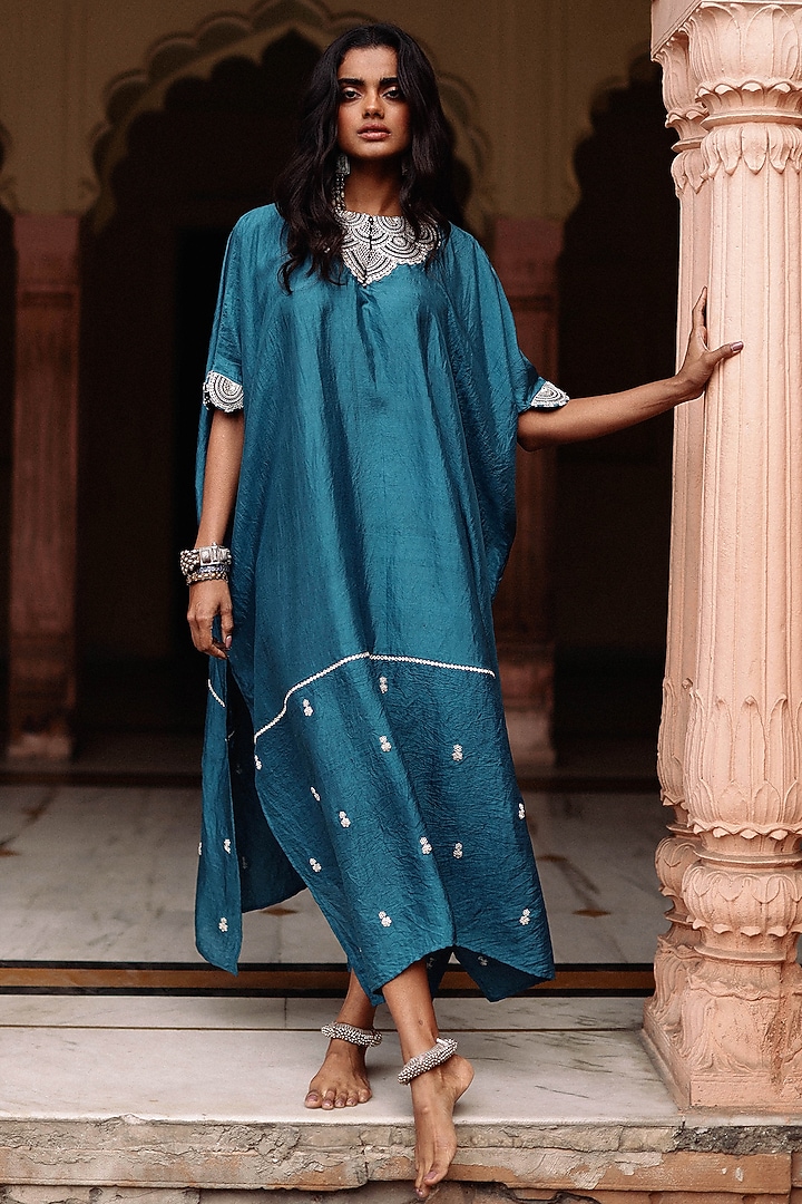 Blue Pure Mulberry Silk Marodi Embroidered Kaftan Set by Avacara at Pernia's Pop Up Shop