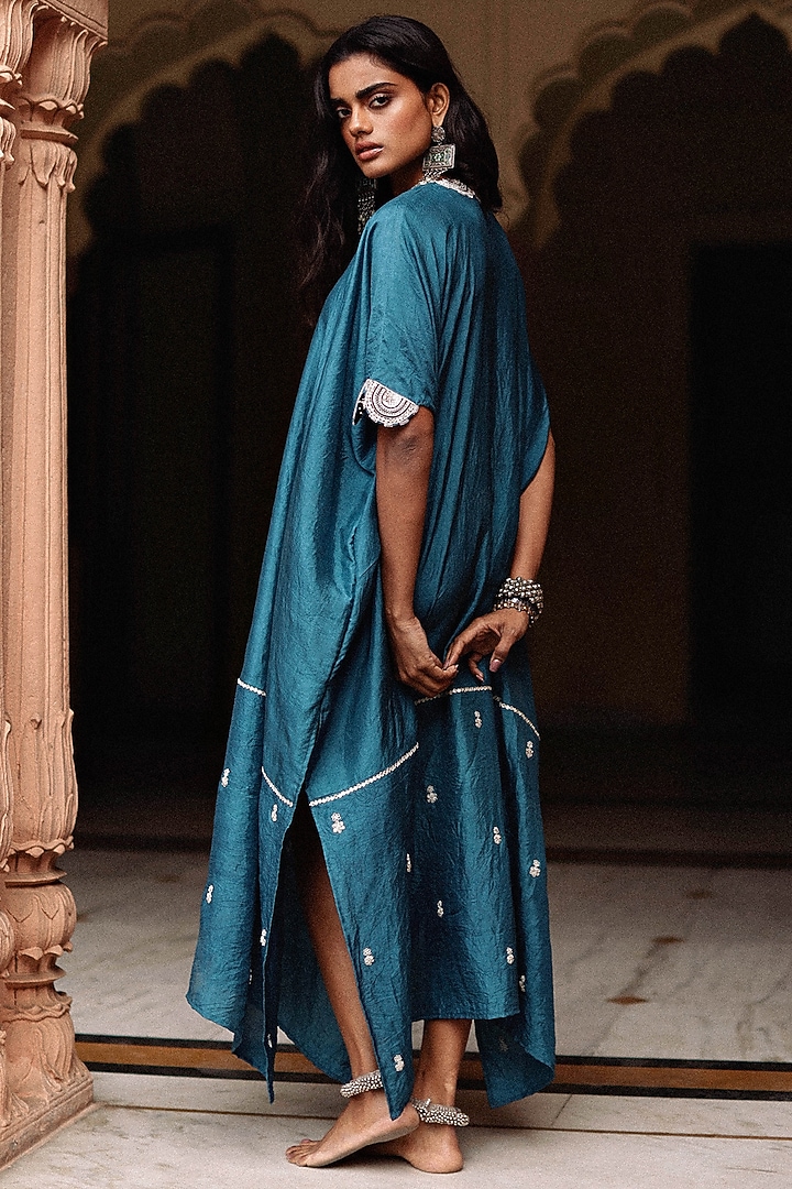 Blue Pure Mulberry Silk Marodi Embroidered Kaftan Set by Avacara at Pernia's Pop Up Shop