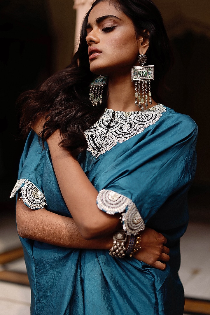 Blue Pure Mulberry Silk Marodi Embroidered Kaftan Set by Avacara at Pernia's Pop Up Shop