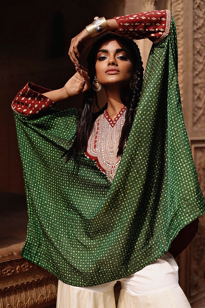 Green Silk Cotton Hand-Block Printed Kaftan Set by Avacara at Pernia's Pop Up Shop