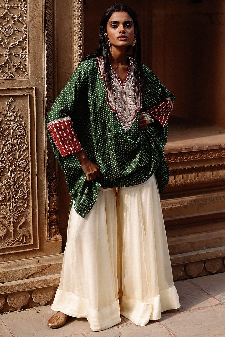 Green Silk Cotton Hand-Block Printed Kaftan Set by Avacara at Pernia's Pop Up Shop