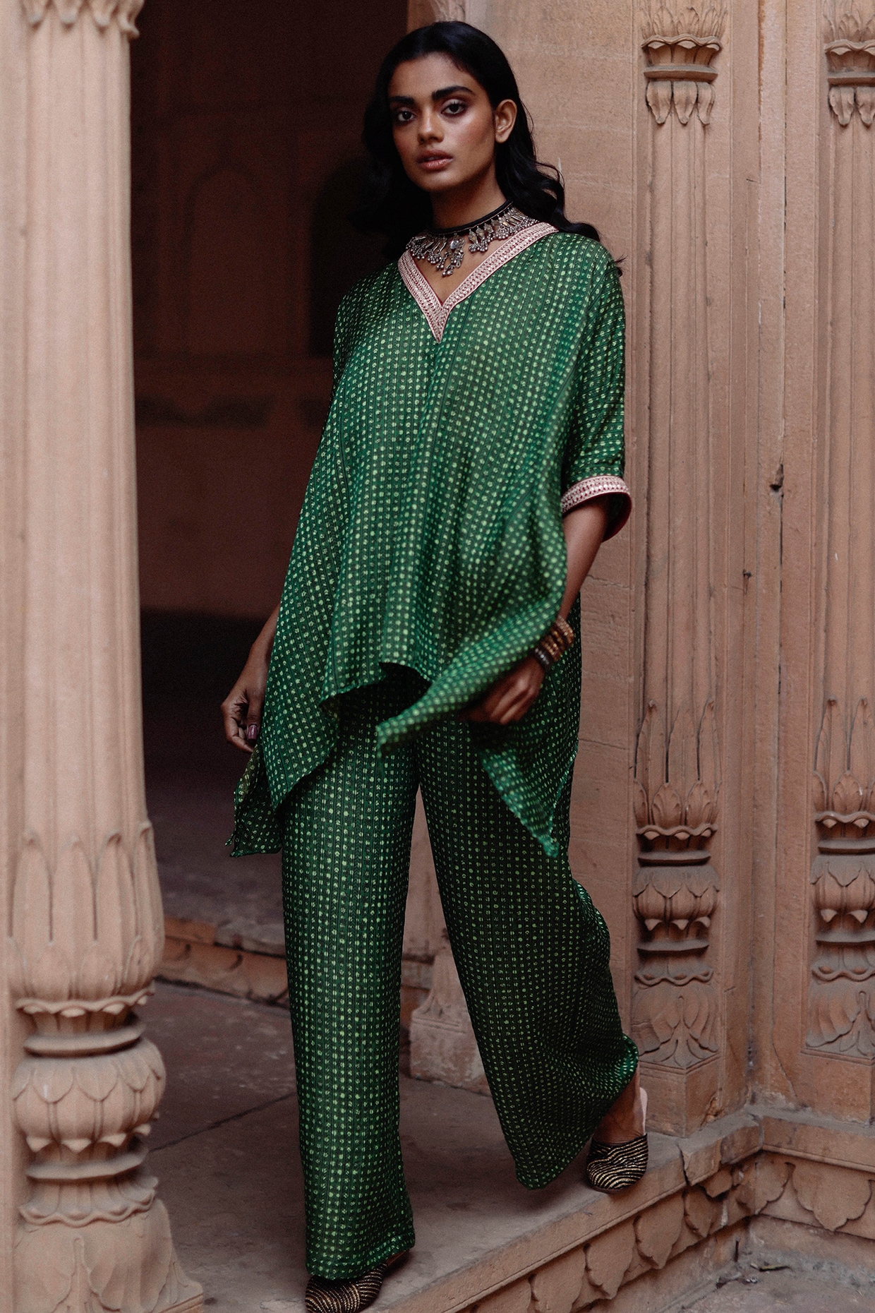 Green - Hand Block Akola Print Short Kaftan with Tie-Up Waist 40