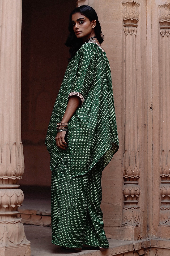 Green Silk Cotton Hand-Block Printed & Embroidered Short Kaftan Set by Avacara at Pernia's Pop Up Shop