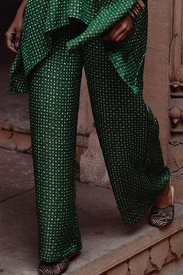Green Silk Cotton Hand-Block Printed & Embroidered Short Kaftan Set by Avacara at Pernia's Pop Up Shop