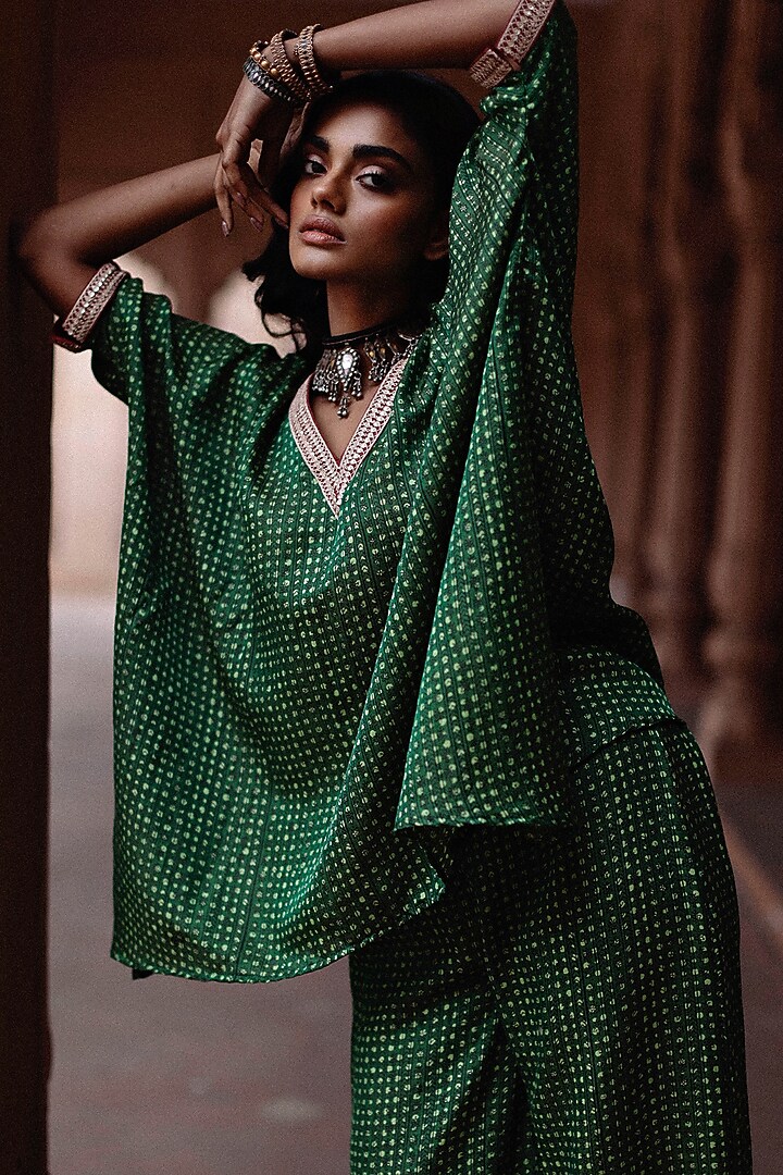 Green Silk Cotton Hand-Block Printed & Embroidered Short Kaftan Set by Avacara at Pernia's Pop Up Shop