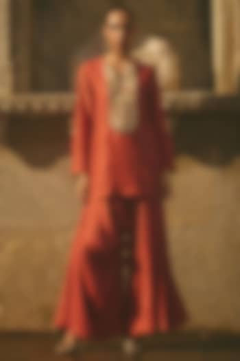 Rust Silk Printed & Hand Embroidered Short Kurta Set by Avacara at Pernia's Pop Up Shop