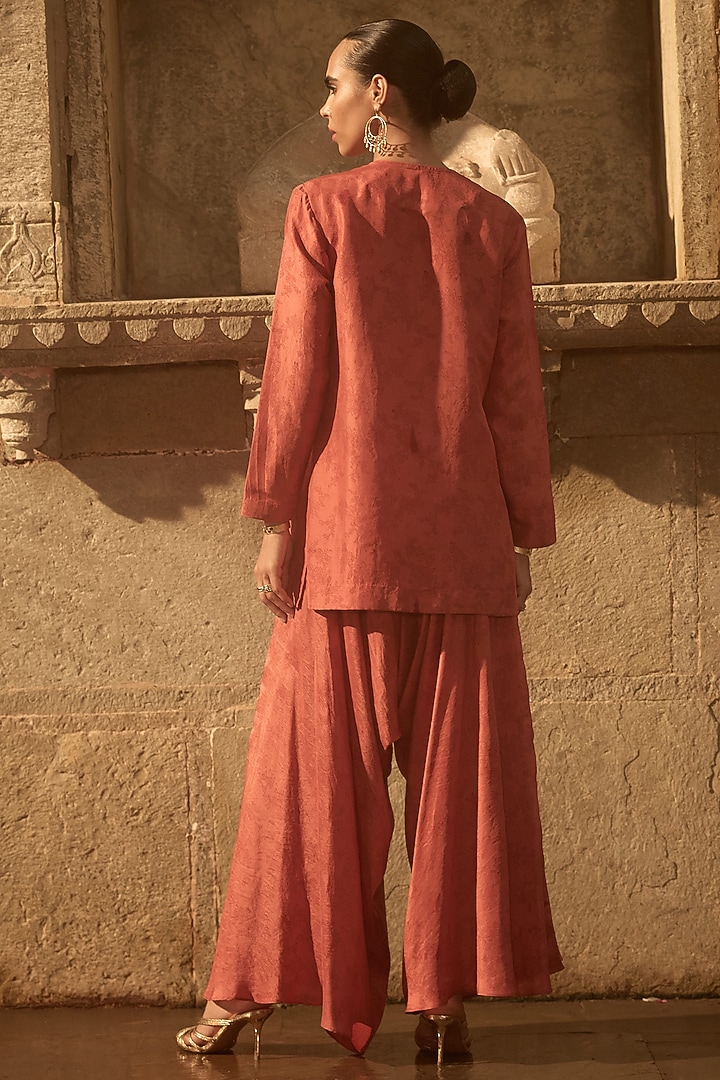 Rust Silk Printed & Hand Embroidered Short Kurta Set by Avacara at Pernia's Pop Up Shop
