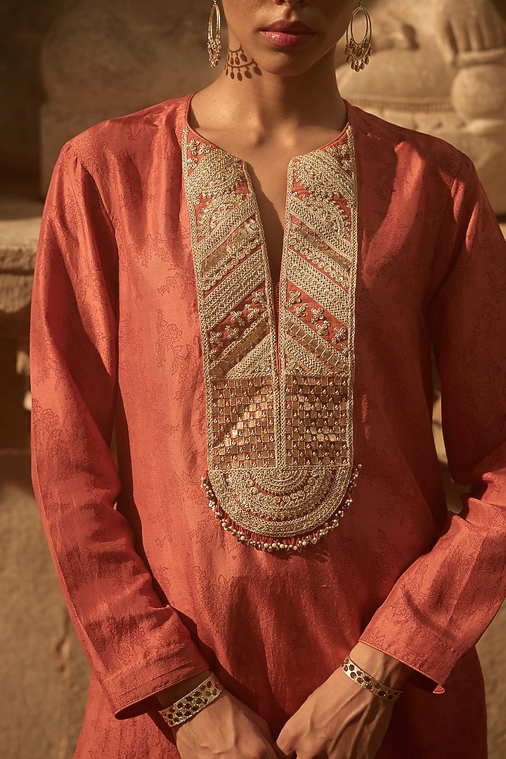 Rust Silk Printed & Hand Embroidered Short Kurta Set by Avacara at Pernia's Pop Up Shop