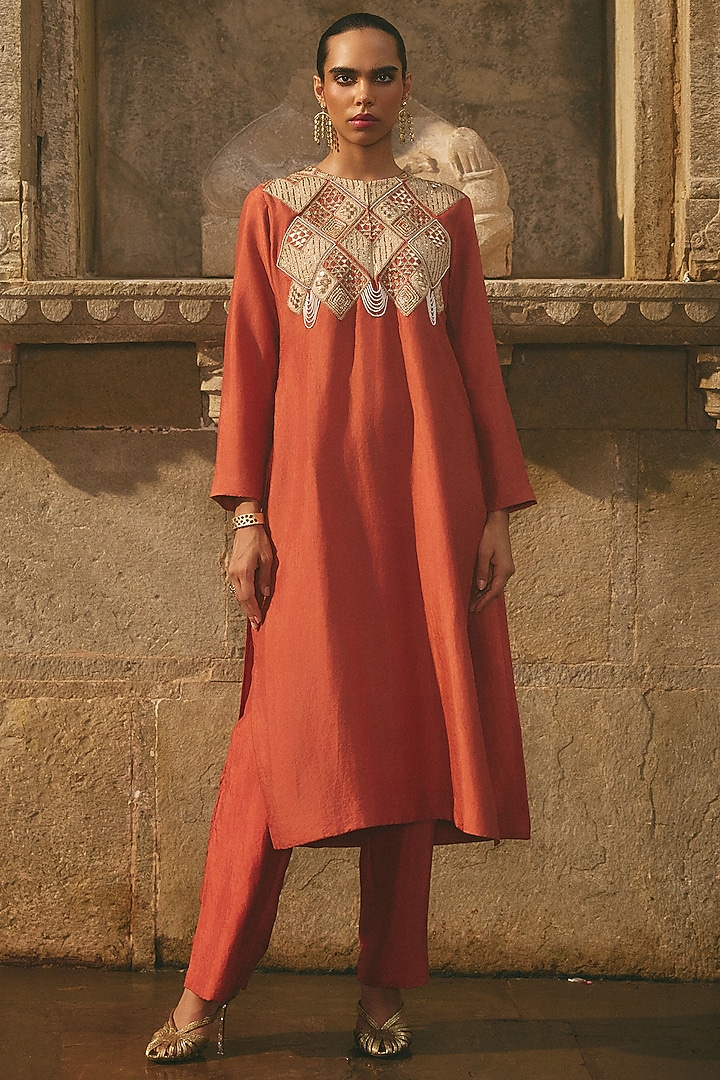 Rust Silk Patchwork Kurta Set by Avacara at Pernia's Pop Up Shop