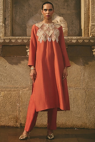 Rust Silk Patchwork Kurta Set by Avacara