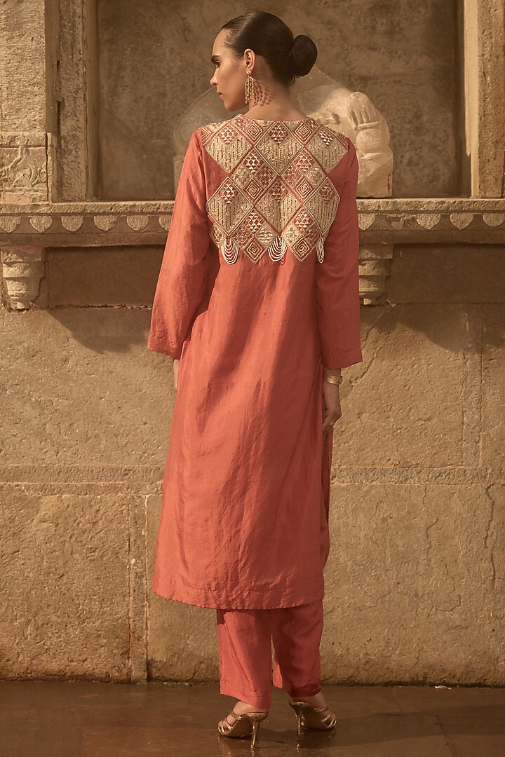 Rust Silk Patchwork Kurta Set by Avacara at Pernia's Pop Up Shop