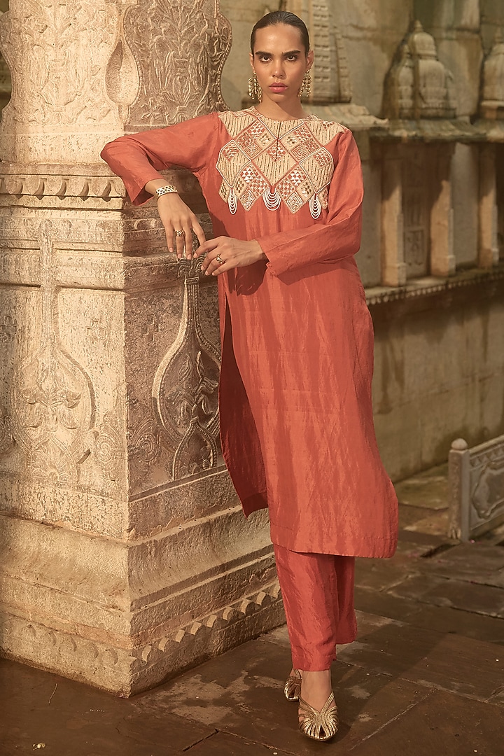 Rust Silk Patchwork Kurta Set by Avacara at Pernia's Pop Up Shop