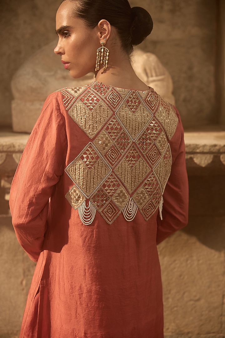 Rust Silk Patchwork Kurta Set by Avacara at Pernia's Pop Up Shop