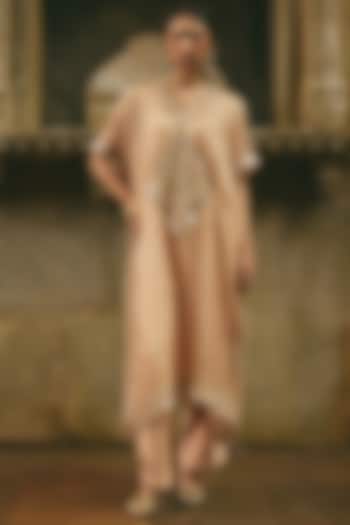 Beige Organza & Silk Dori Embroidered Kaftan Set by Avacara at Pernia's Pop Up Shop