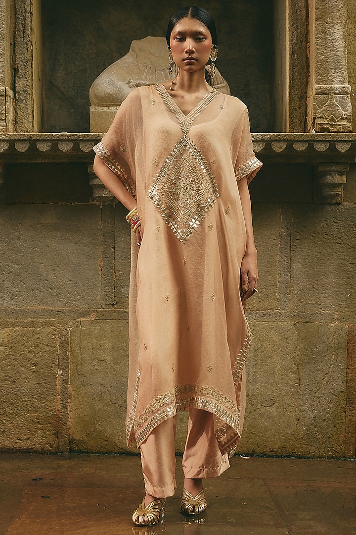 Beige Organza & Silk Dori Embroidered Kaftan Set by Avacara at Pernia's Pop Up Shop
