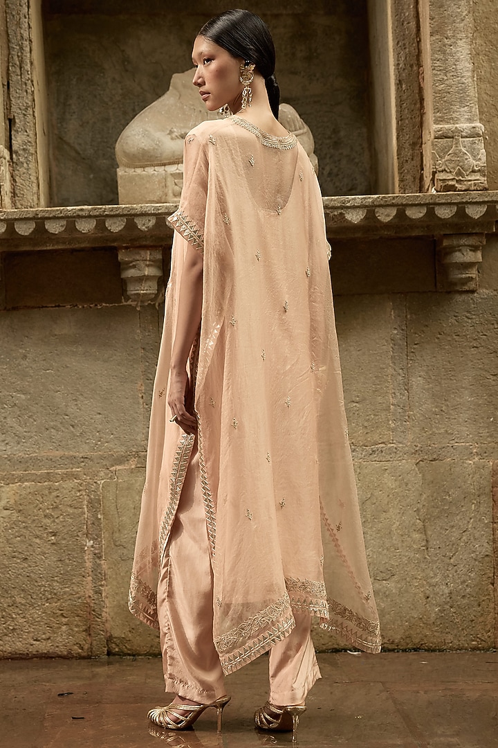 Beige Organza & Silk Dori Embroidered Kaftan Set by Avacara at Pernia's Pop Up Shop