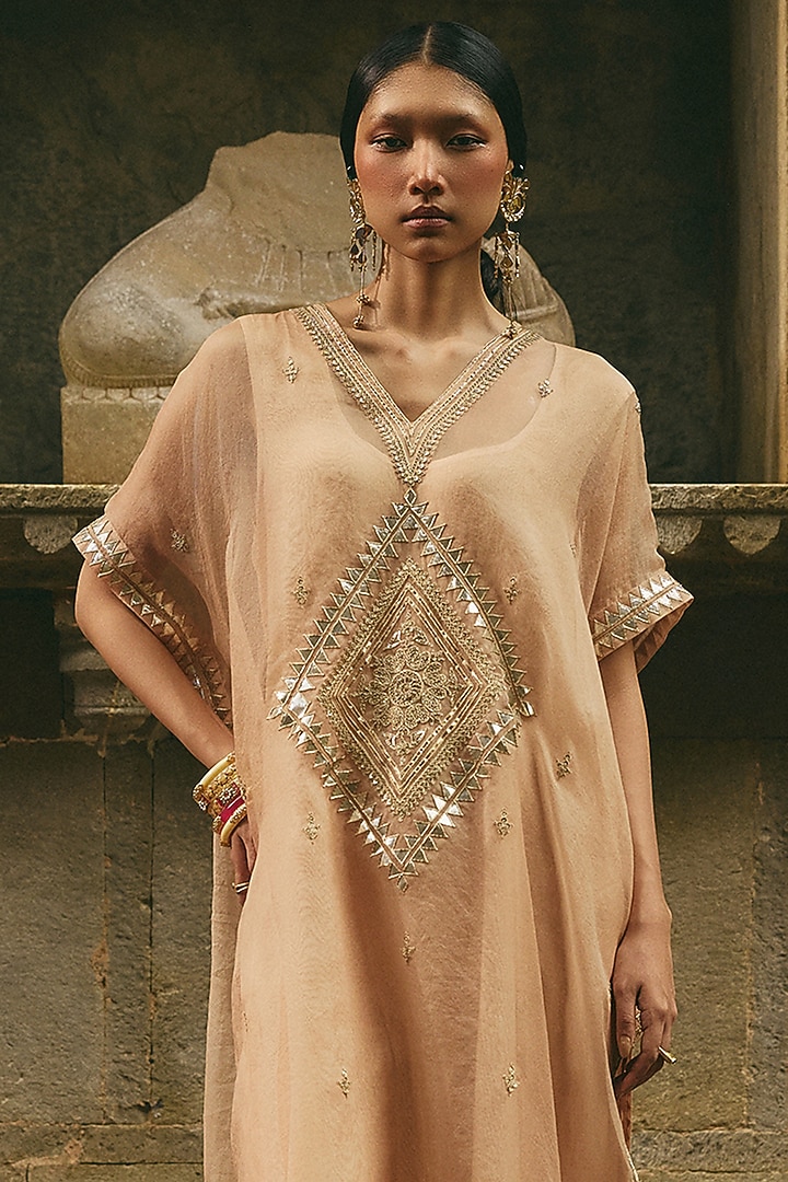 Beige Organza & Silk Dori Embroidered Kaftan Set by Avacara at Pernia's Pop Up Shop