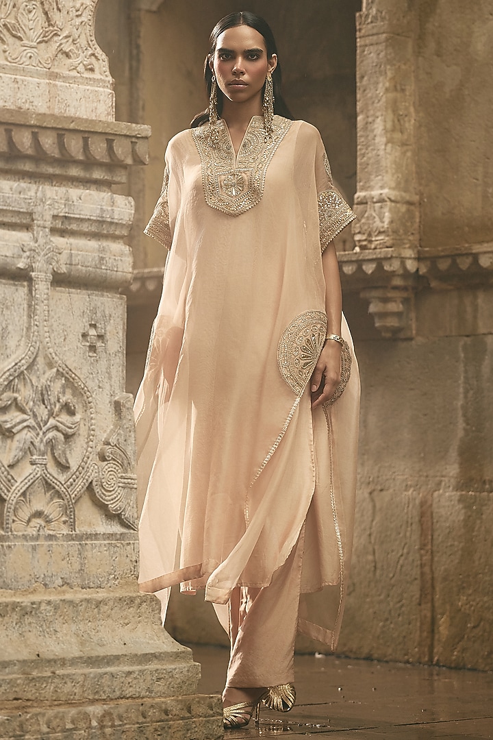 Beige Organza & Silk Dori Embroidered Kaftan Set by Avacara at Pernia's Pop Up Shop