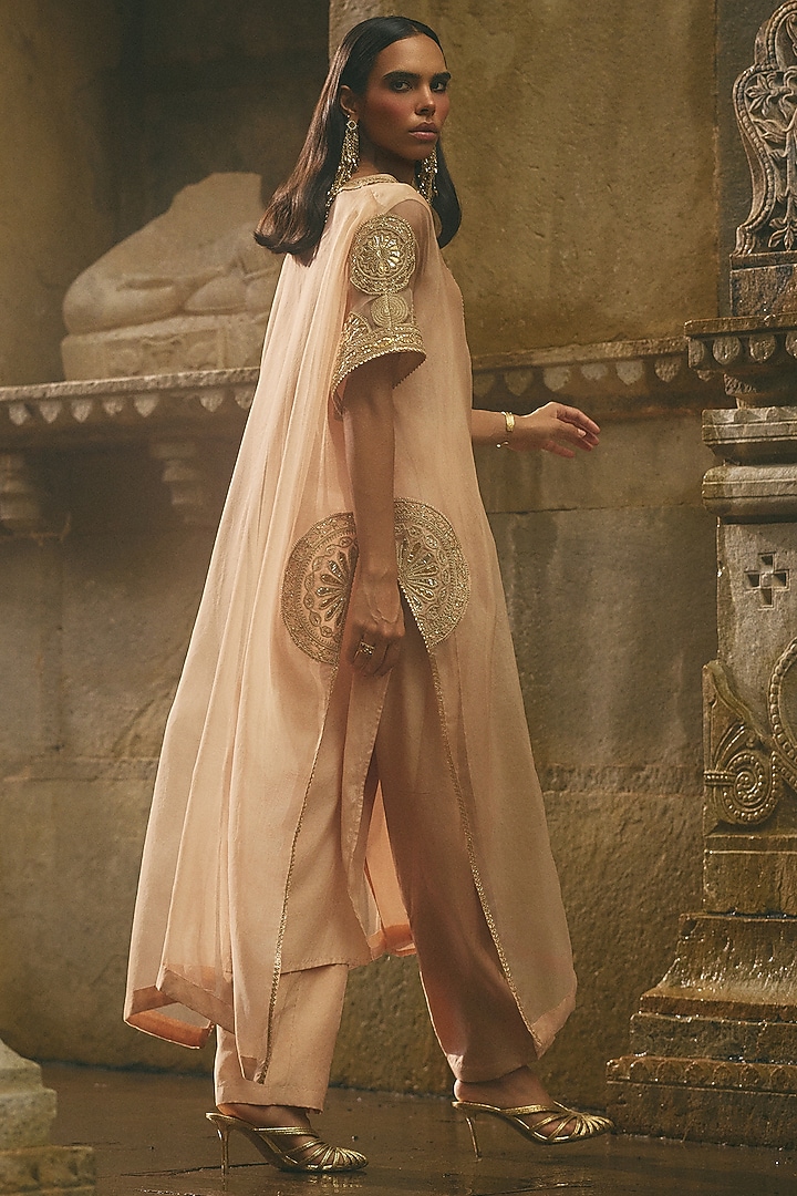 Beige Organza & Silk Dori Embroidered Kaftan Set by Avacara at Pernia's Pop Up Shop