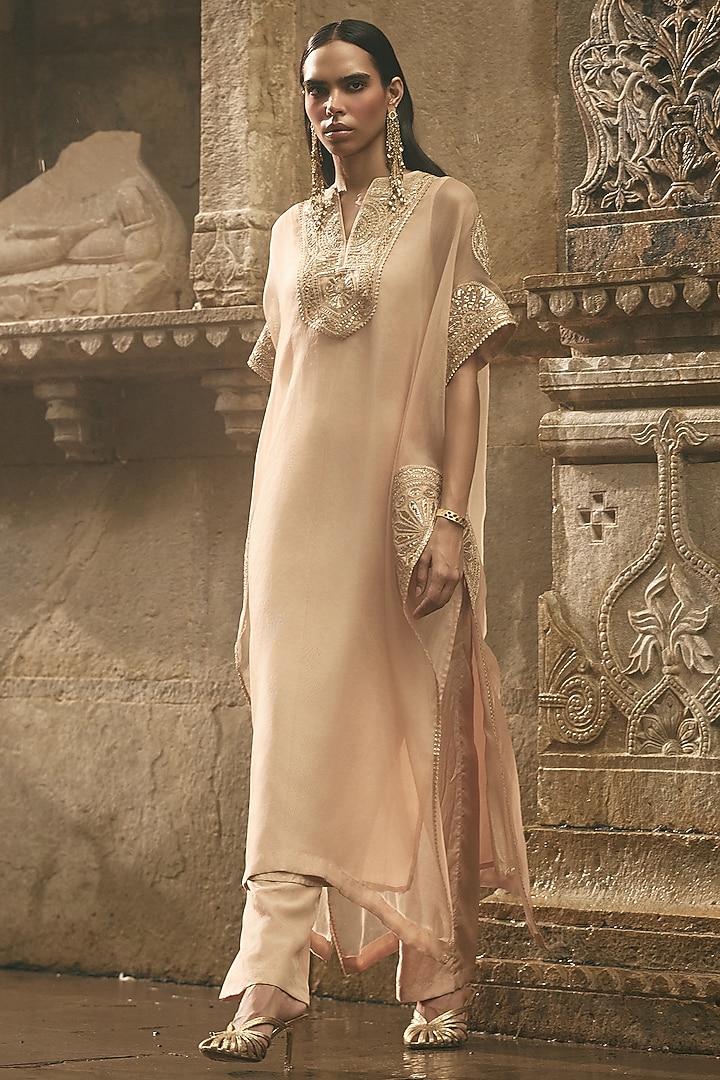 Beige Organza & Silk Dori Embroidered Kaftan Set by Avacara at Pernia's Pop Up Shop