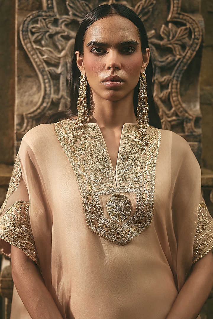 Beige Organza & Silk Dori Embroidered Kaftan Set by Avacara at Pernia's Pop Up Shop
