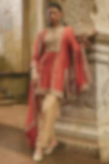 Rust Silk Printed & Dori Embroidered Kurta Set by Avacara at Pernia's Pop Up Shop