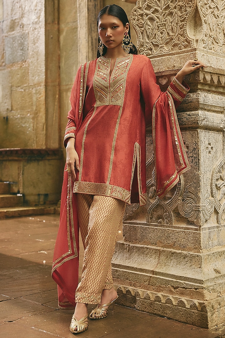 Rust Silk Printed & Dori Embroidered Kurta Set by Avacara at Pernia's Pop Up Shop