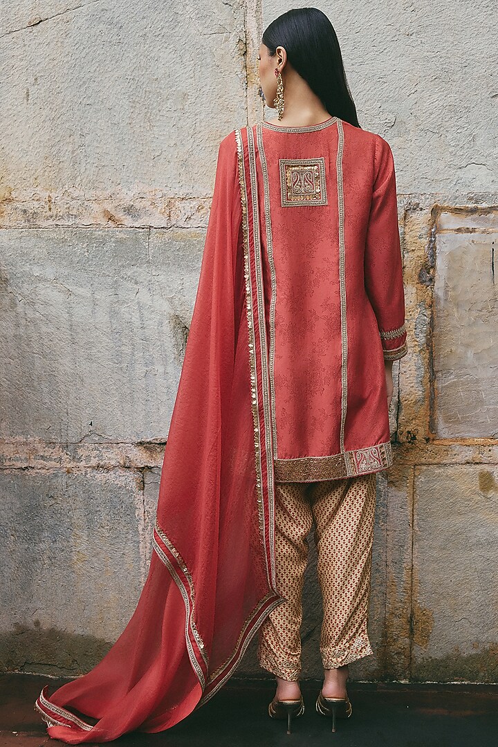 Rust Silk Printed & Dori Embroidered Kurta Set by Avacara at Pernia's Pop Up Shop