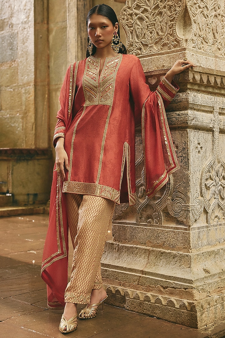 Rust Silk Printed & Dori Embroidered Kurta Set by Avacara at Pernia's Pop Up Shop