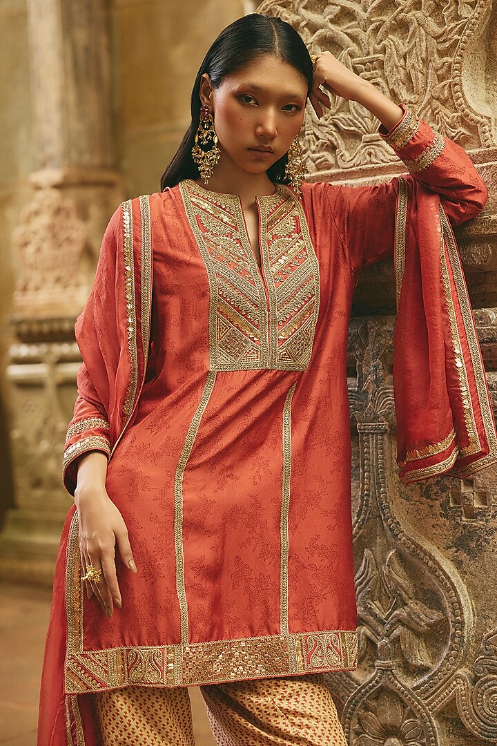 Rust Silk Printed & Dori Embroidered Kurta Set by Avacara at Pernia's Pop Up Shop