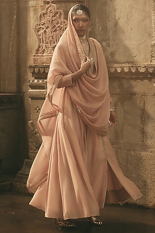 Beige Chanderi Embroidered Anarkali Set by Avacara
