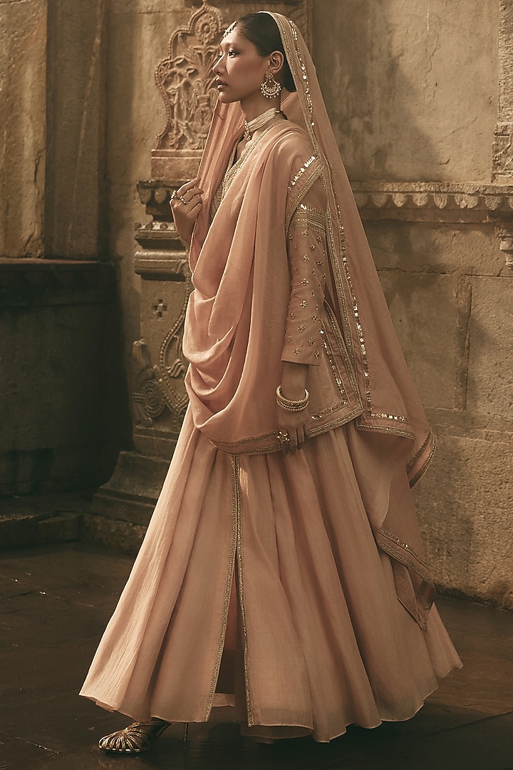 Beige Chanderi Embroidered Bridal Anarkali Set by Avacara at Pernia's Pop Up Shop