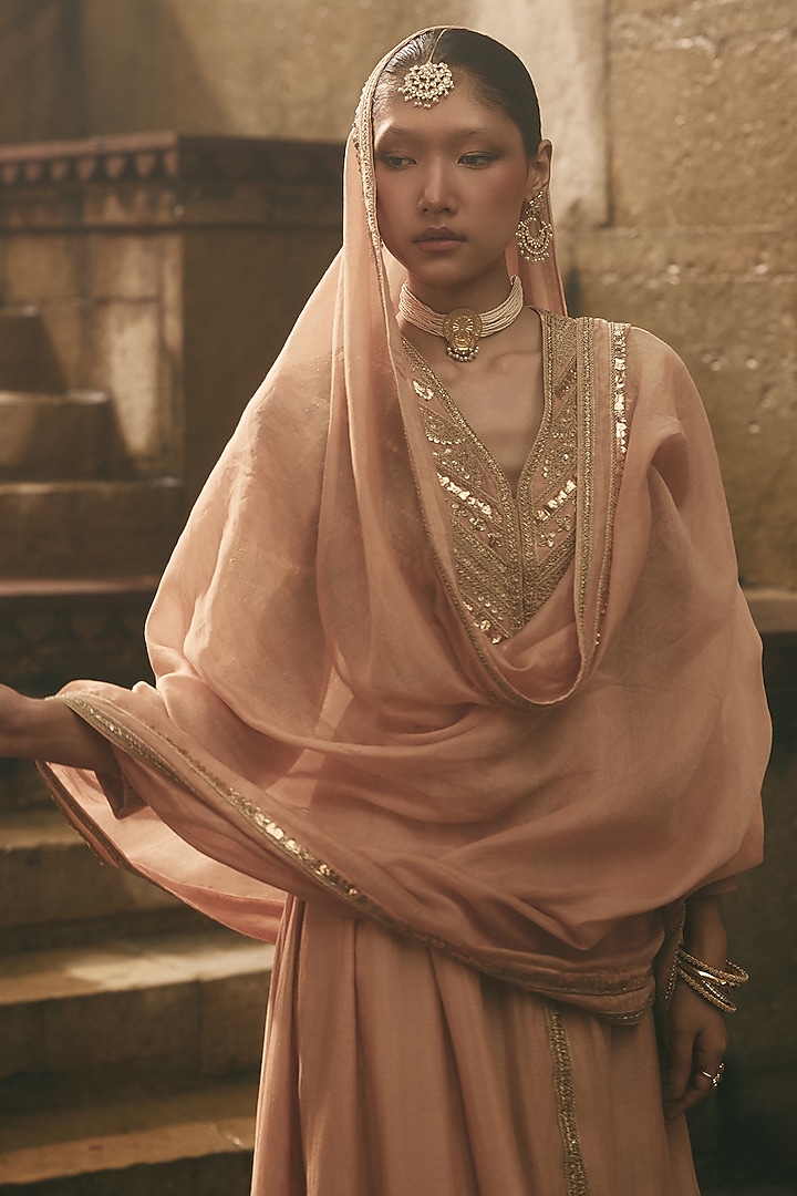 Beige Chanderi Embroidered Bridal Anarkali Set by Avacara at Pernia's Pop Up Shop