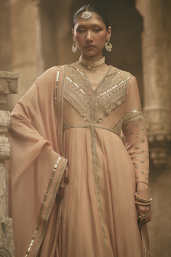 Beige Chanderi Embroidered Bridal Anarkali Set by Avacara at Pernia's Pop Up Shop