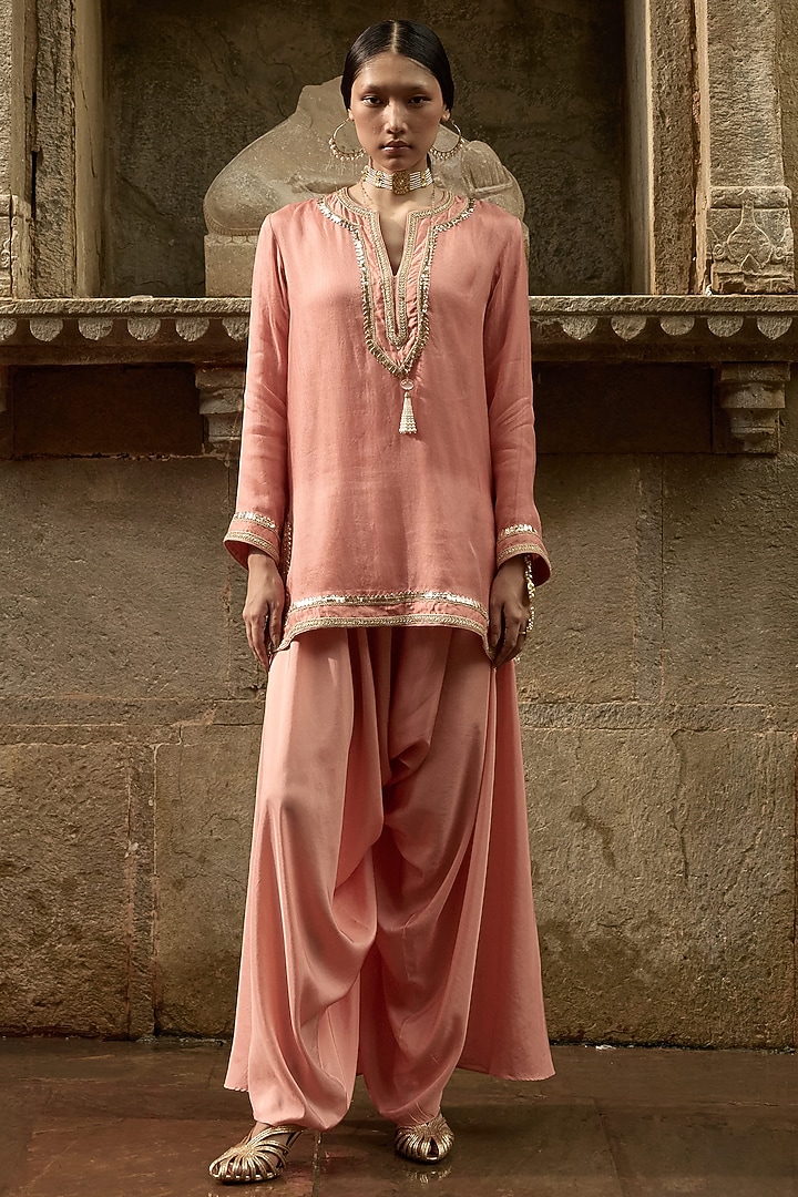 Pink Organza Dori Work Short Kurta Set by Avacara at Pernia's Pop Up Shop